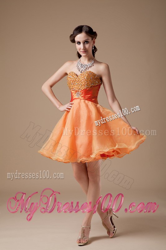 Lovely Beading and Ruches Accent Orange Organza Prom Gowns of Mini-length