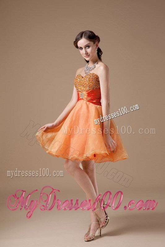 Lovely Beading and Ruches Accent Orange Organza Prom Gowns of Mini-length
