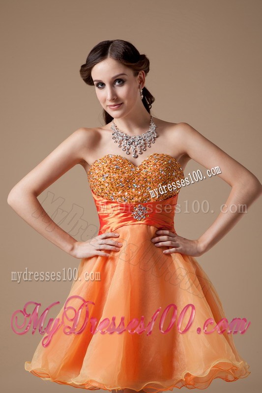 Lovely Beading and Ruches Accent Orange Organza Prom Gowns of Mini-length