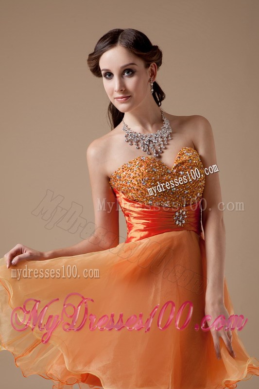 Lovely Beading and Ruches Accent Orange Organza Prom Gowns of Mini-length