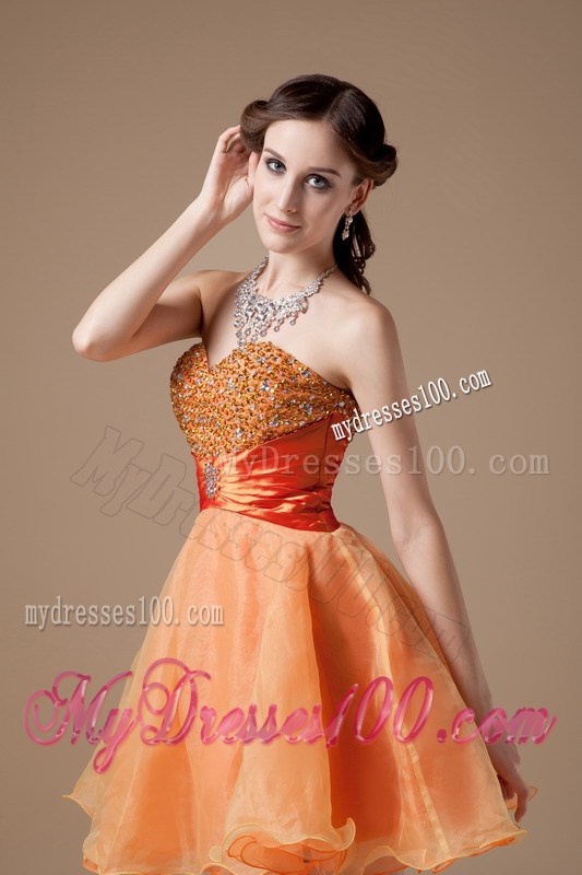 Lovely Beading and Ruches Accent Orange Organza Prom Gowns of Mini-length