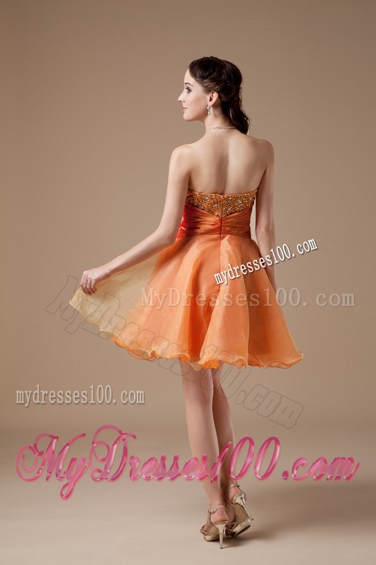 Lovely Beading and Ruches Accent Orange Organza Prom Gowns of Mini-length