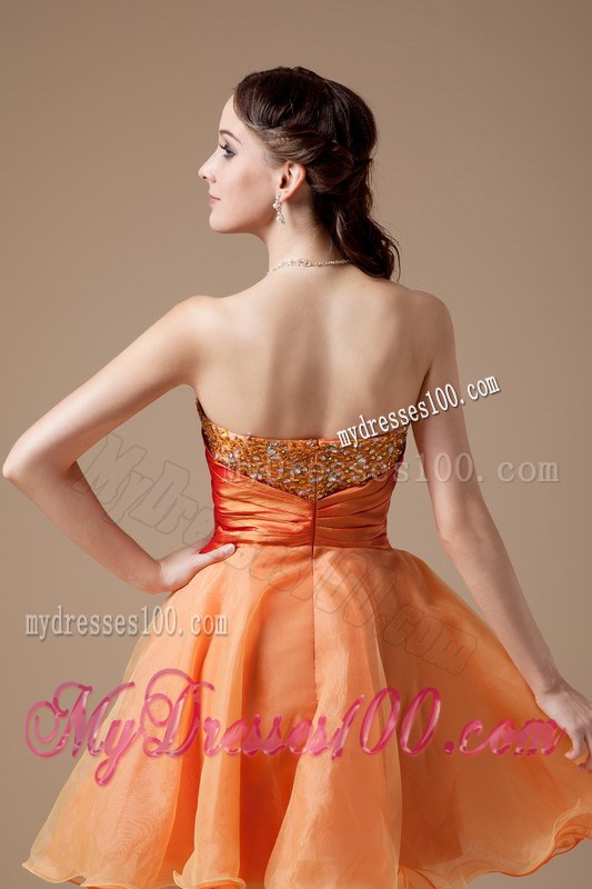 Lovely Beading and Ruches Accent Orange Organza Prom Gowns of Mini-length