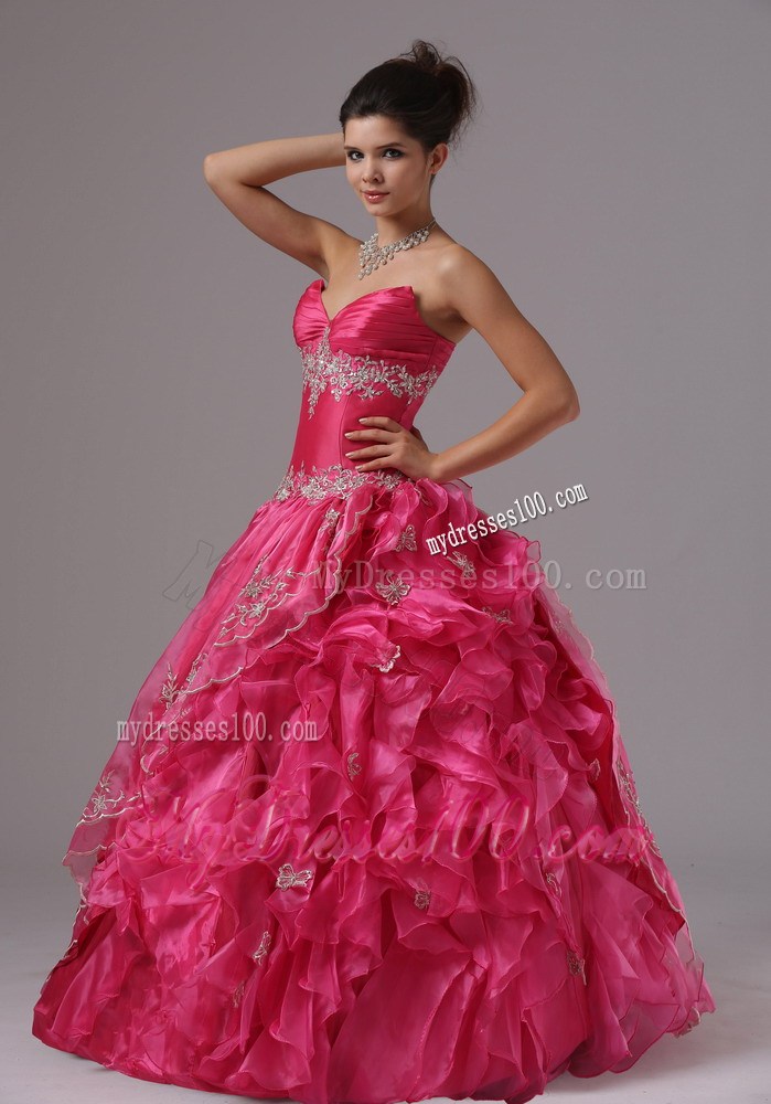 Sweetheart Appliques and Ruffles Accent Ball Gown Prom Dress in Hot Pink