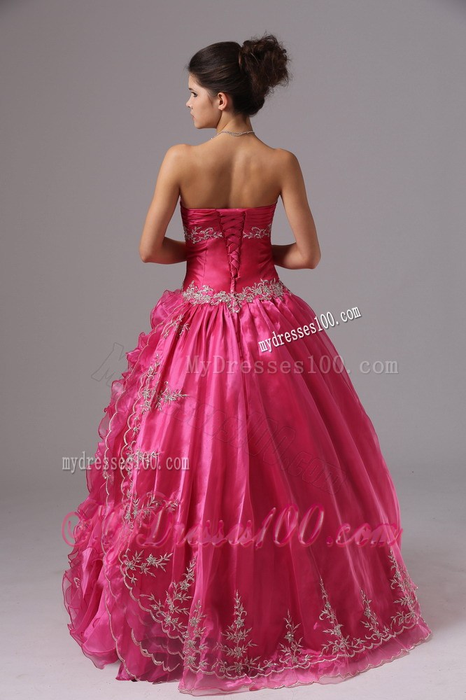 Sweetheart Appliques and Ruffles Accent Ball Gown Prom Dress in Hot Pink