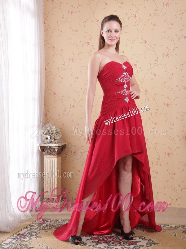 Red A-line Princess Sweetheart High-low Chiffon Beaded Prom party Gown