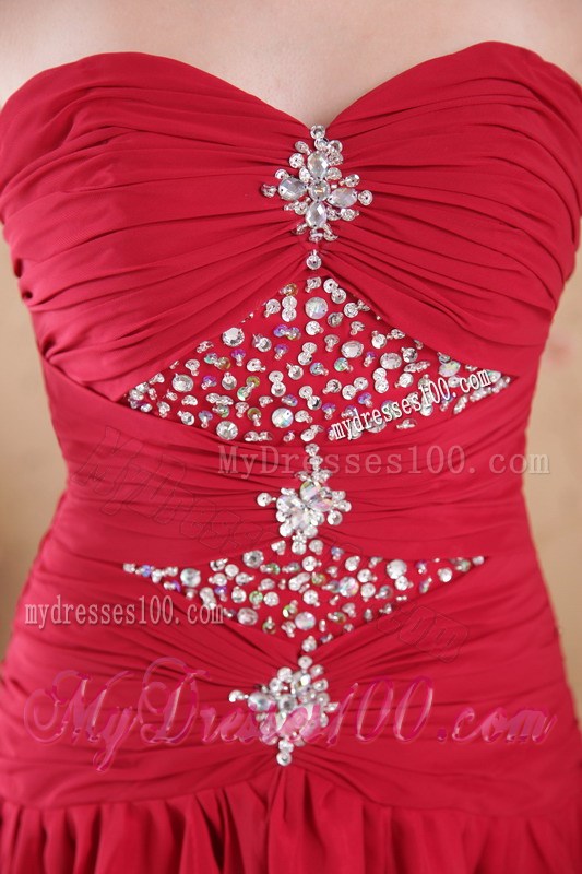 Red A-line Princess Sweetheart High-low Chiffon Beaded Prom party Gown
