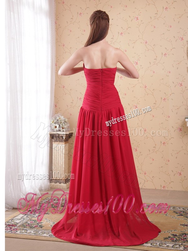 Red A-line Princess Sweetheart High-low Chiffon Beaded Prom party Gown