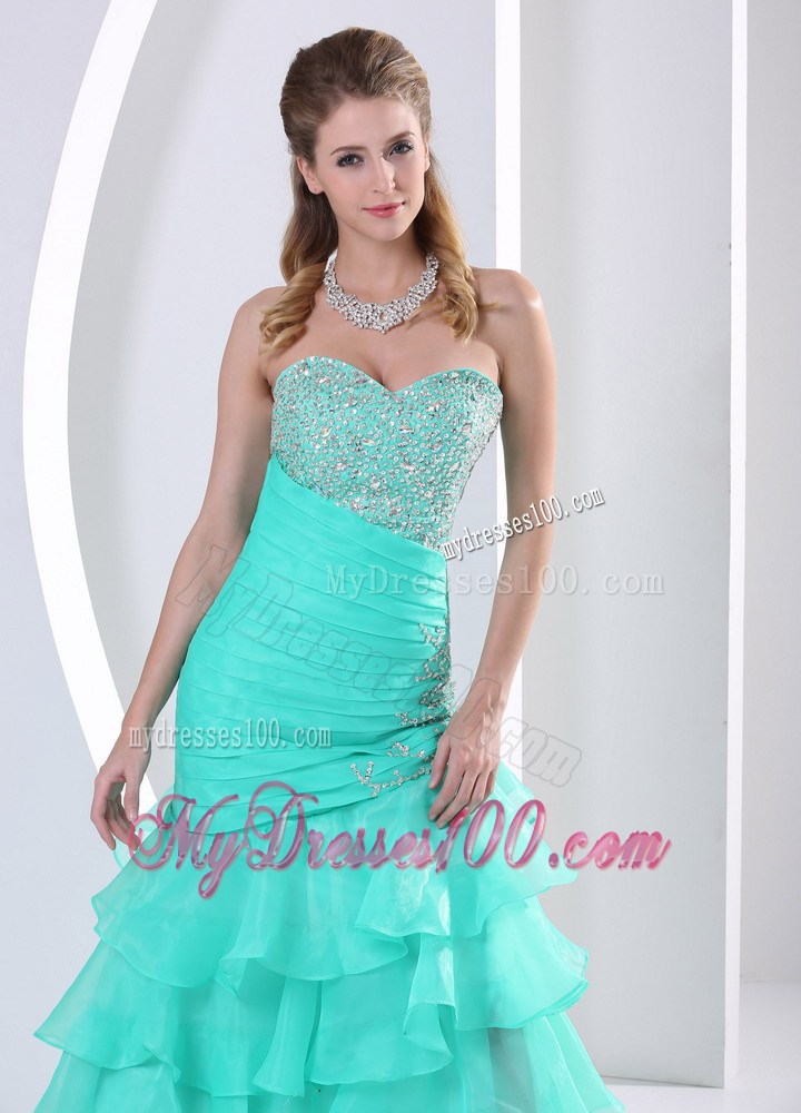 Beaded Bodice for Aqua Blue Prom Party Dress with Ruche and Ruffled Layers