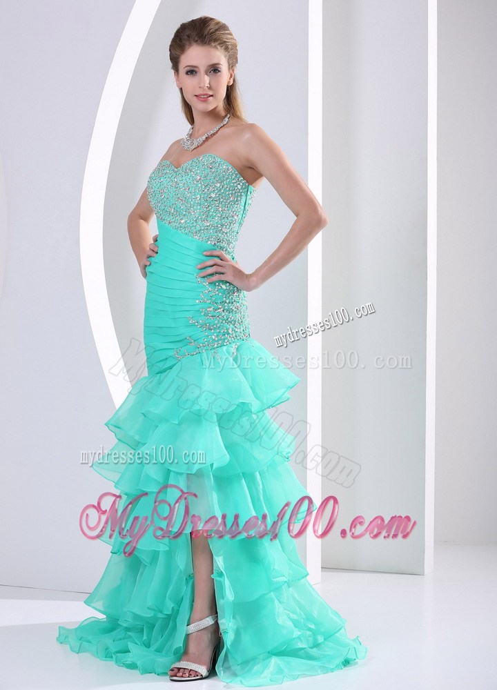 Beaded Bodice for Aqua Blue Prom Party Dress with Ruche and Ruffled Layers