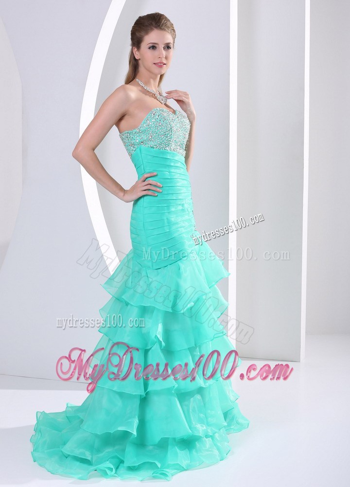 Beaded Bodice for Aqua Blue Prom Party Dress with Ruche and Ruffled Layers