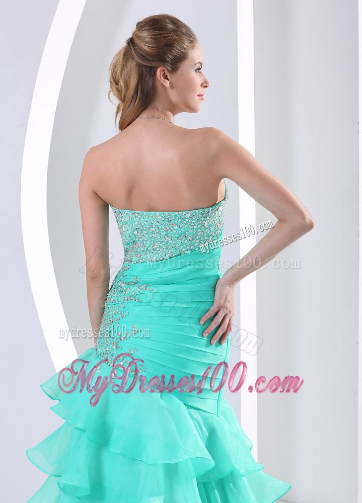 Beaded Bodice for Aqua Blue Prom Party Dress with Ruche and Ruffled Layers