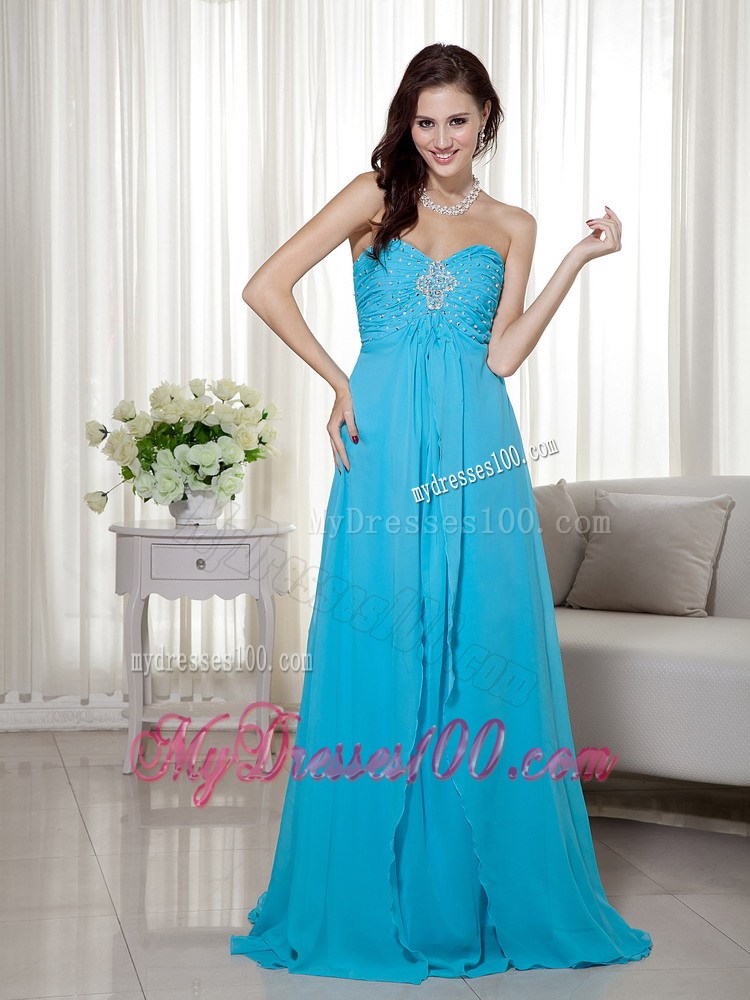 Aqua Blue Empire Sweetheart Brush Train Beaded Chiffon Prom Dress