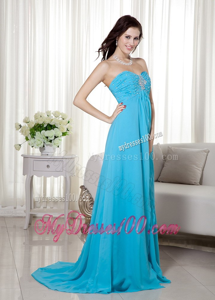 Aqua Blue Empire Sweetheart Brush Train Beaded Chiffon Prom Dress