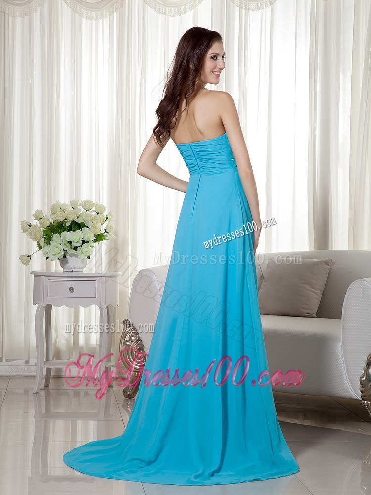 Aqua Blue Empire Sweetheart Brush Train Beaded Chiffon Prom Dress