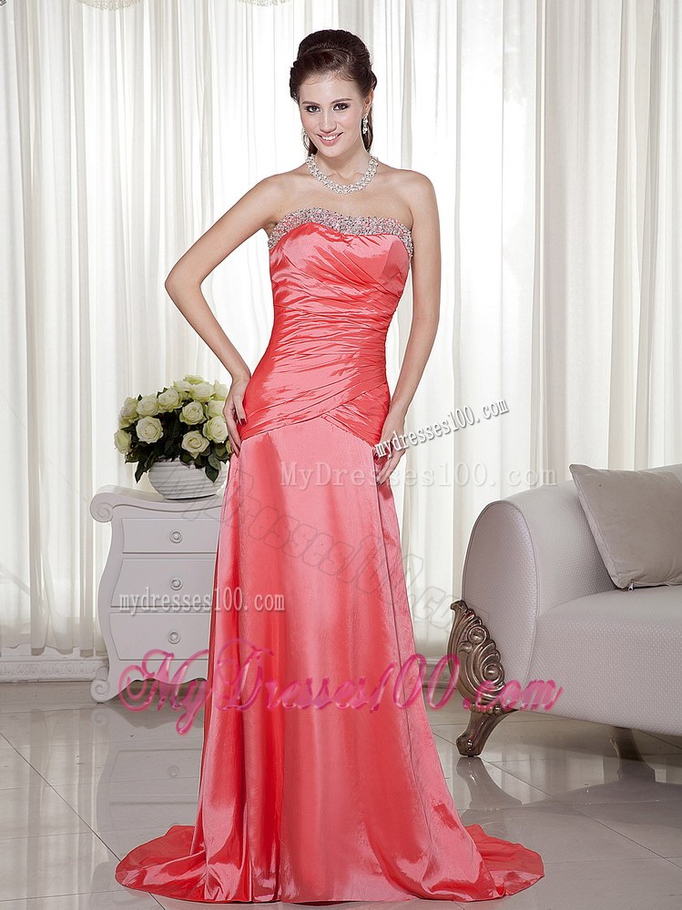 Beading and Ruche Decorate Bodice for Watermelon Brush Train Prom Gown