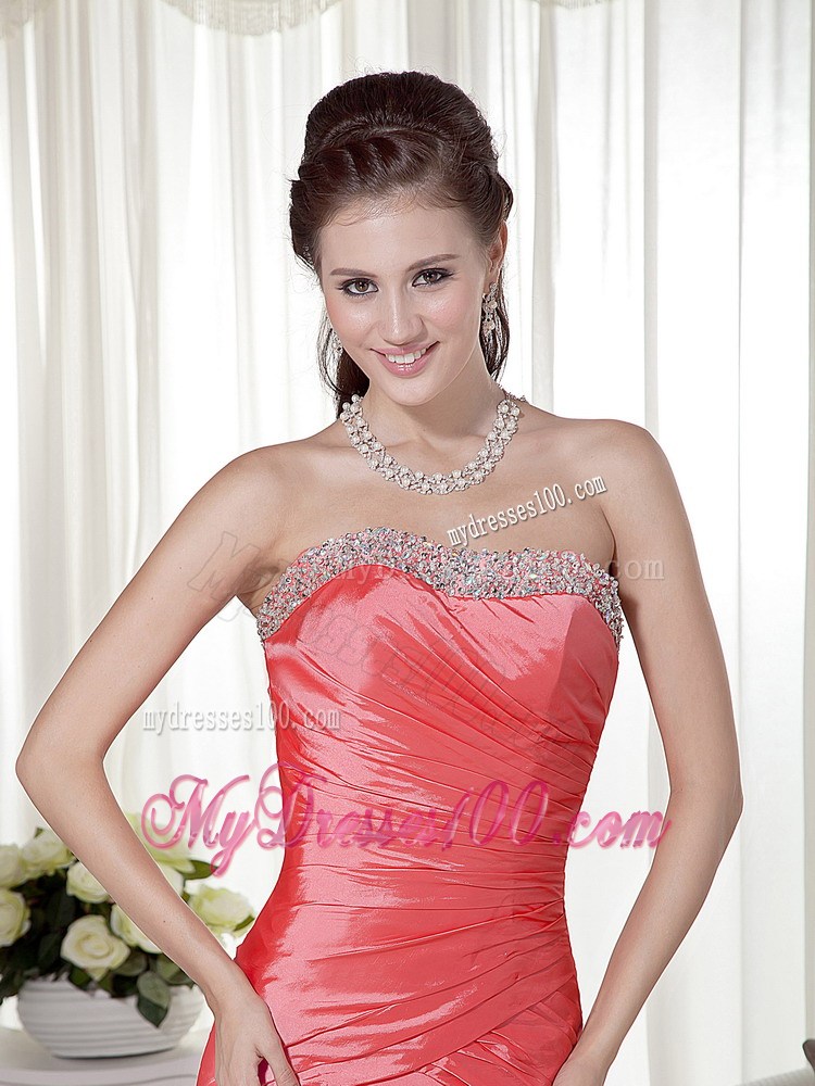 Beading and Ruche Decorate Bodice for Watermelon Brush Train Prom Gown