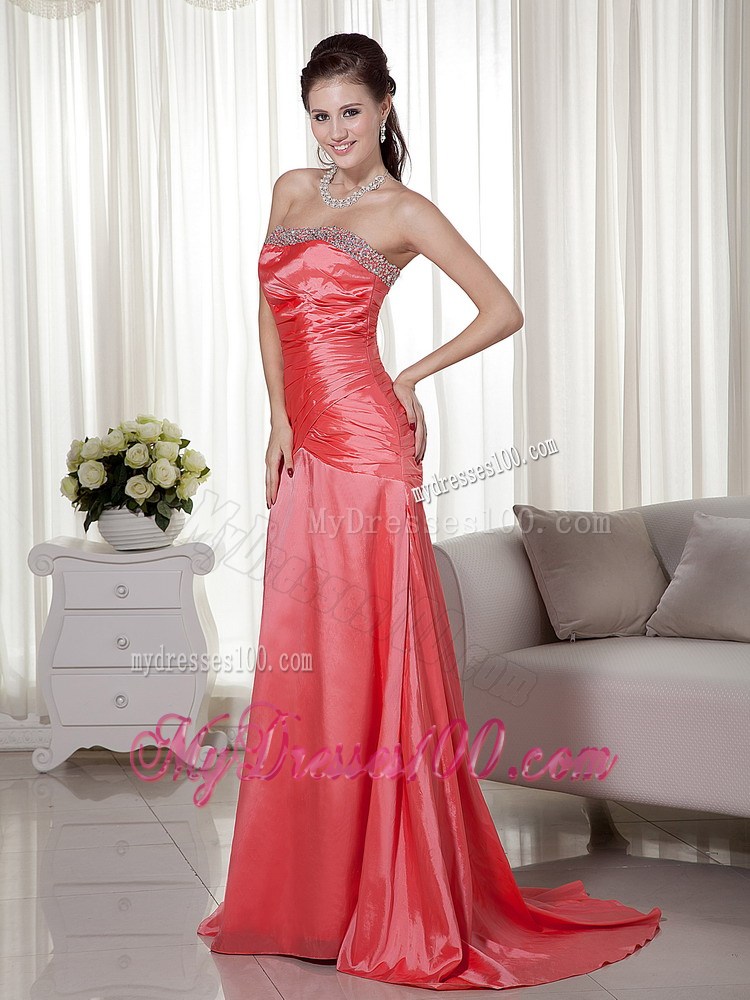 Beading and Ruche Decorate Bodice for Watermelon Brush Train Prom Gown