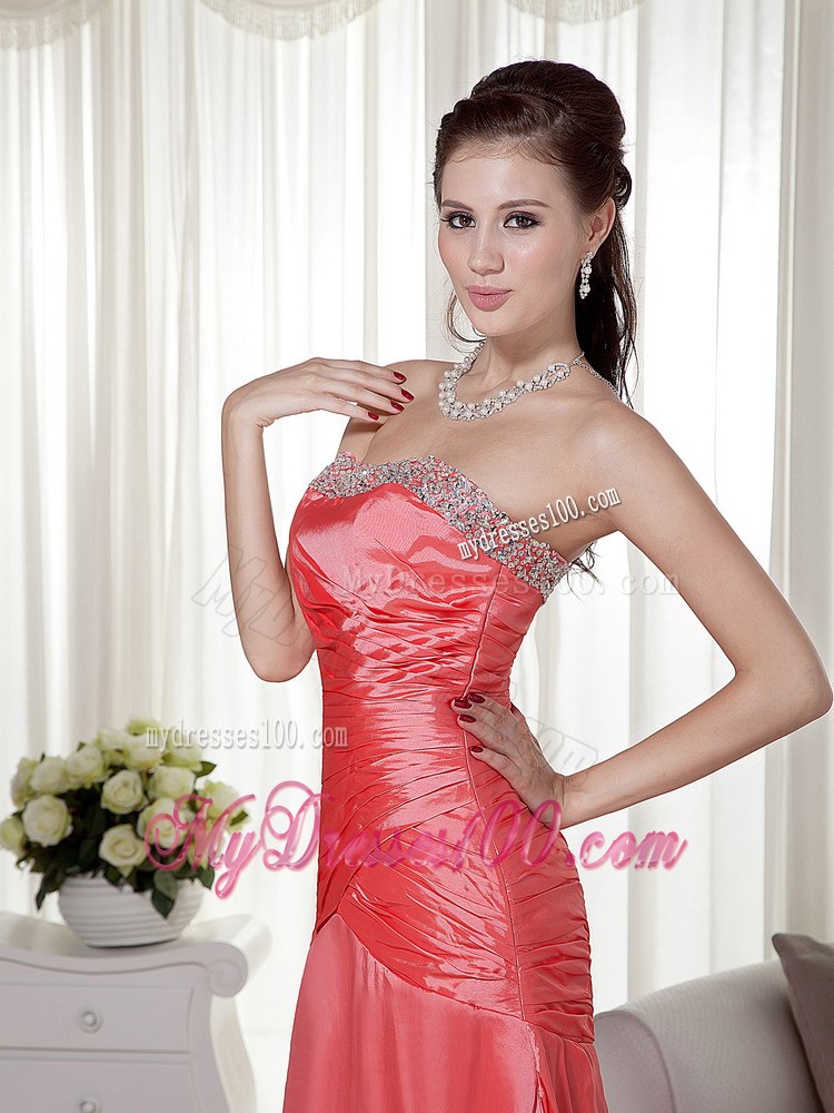 Beading and Ruche Decorate Bodice for Watermelon Brush Train Prom Gown