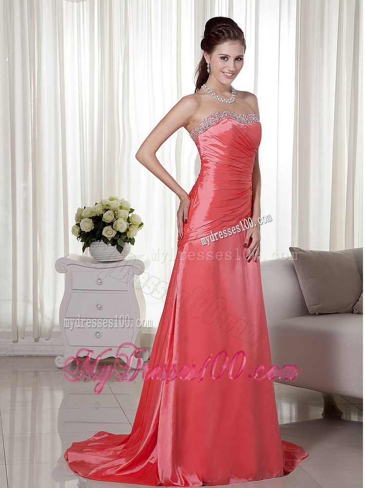 Beading and Ruche Decorate Bodice for Watermelon Brush Train Prom Gown