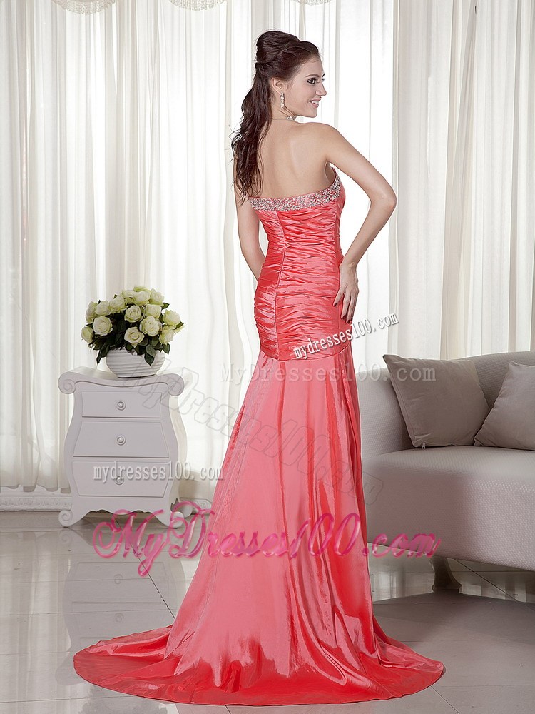 Beading and Ruche Decorate Bodice for Watermelon Brush Train Prom Gown