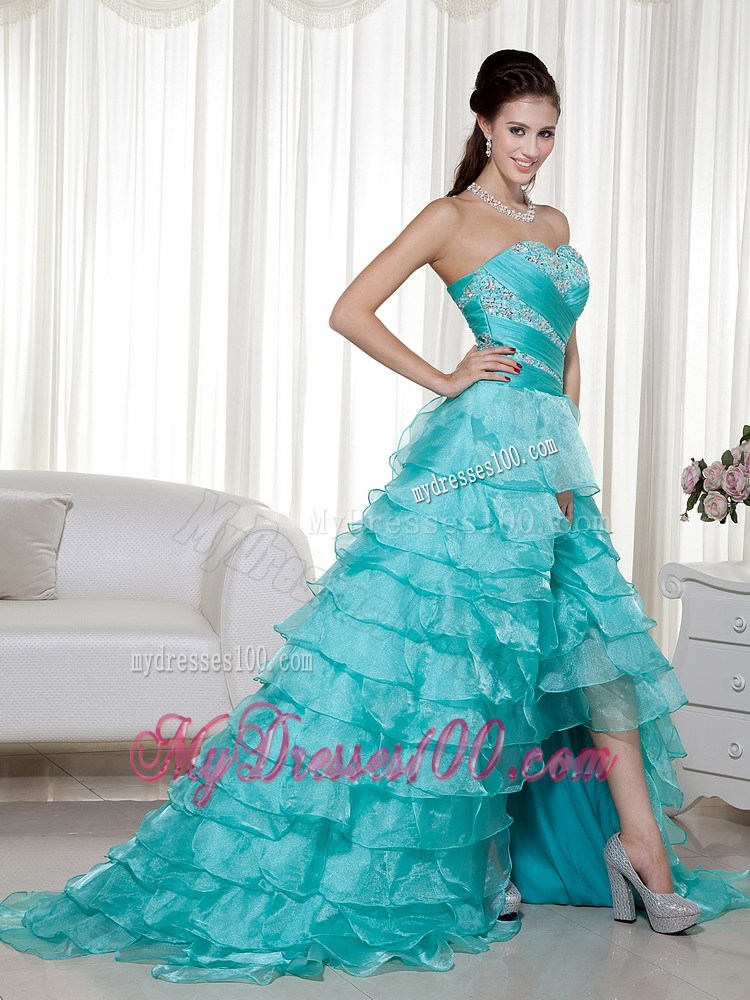 Turquoise A-line Sweetheart Brush Train Organza Beading Prom / Evening Dress