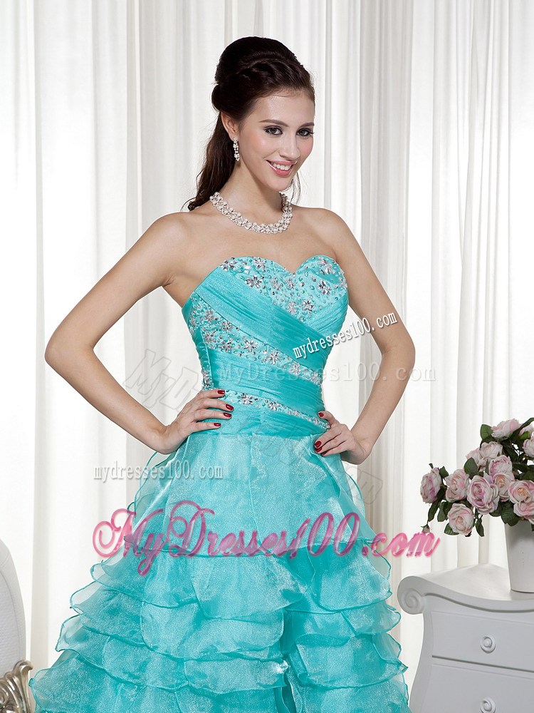 Turquoise A-line Sweetheart Brush Train Organza Beading Prom / Evening Dress
