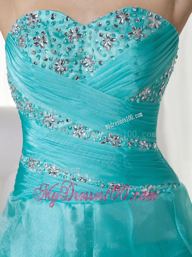 Turquoise A-line Sweetheart Brush Train Organza Beading Prom / Evening Dress