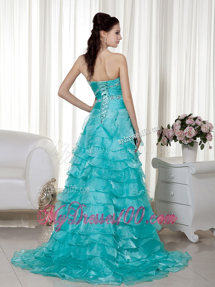 Turquoise A-line Sweetheart Brush Train Organza Beading Prom / Evening Dress