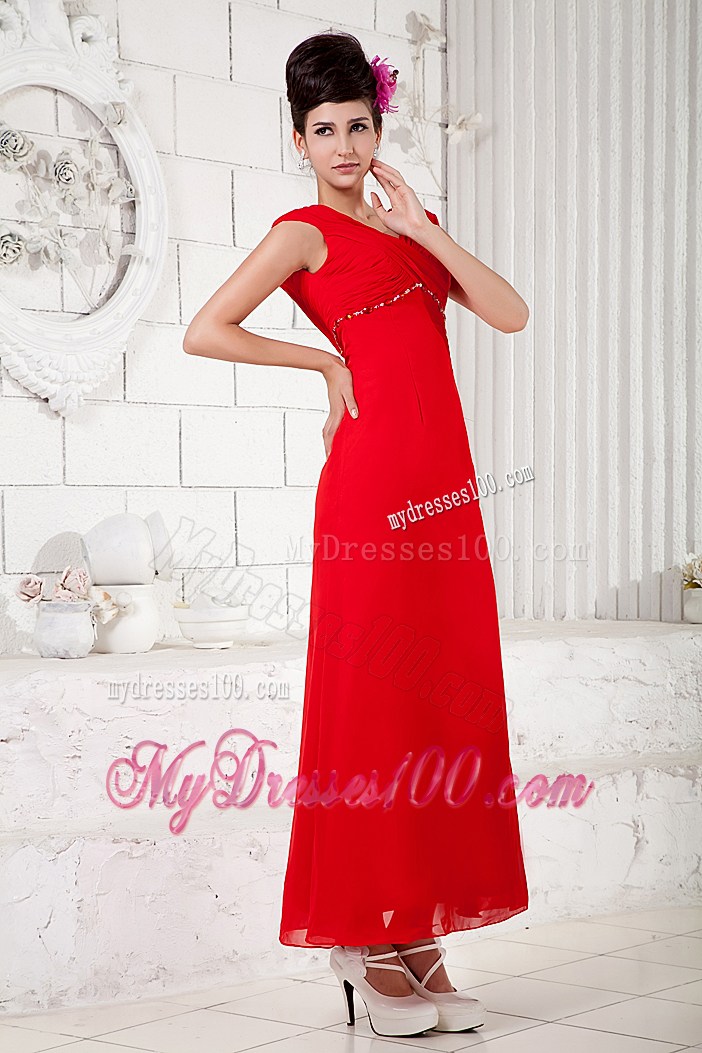 Cheap Ruched V-neck Beading Ankle length Chiffon Dresses for Prom in Vogue