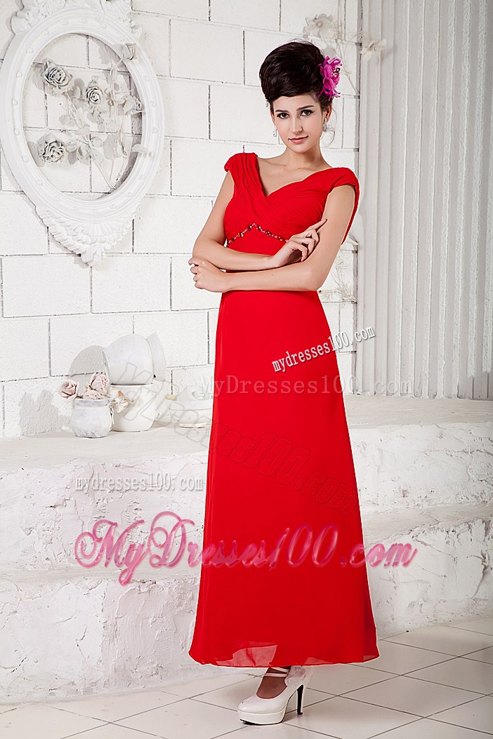 Cheap Ruched V-neck Beading Ankle length Chiffon Dresses for Prom in Vogue