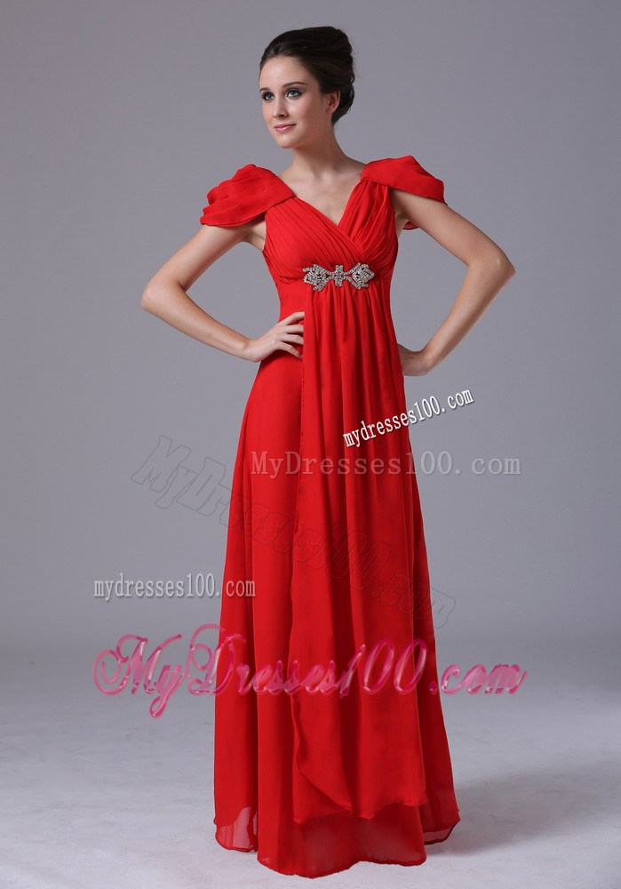Beading and Ruches Decorate Floor-length Red Chiffon Prom Dress with Cap Sleeves