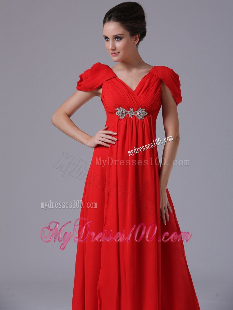 Beading and Ruches Decorate Floor-length Red Chiffon Prom Dress with Cap Sleeves
