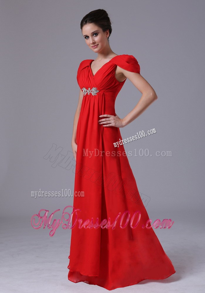 Beading and Ruches Decorate Floor-length Red Chiffon Prom Dress with Cap Sleeves