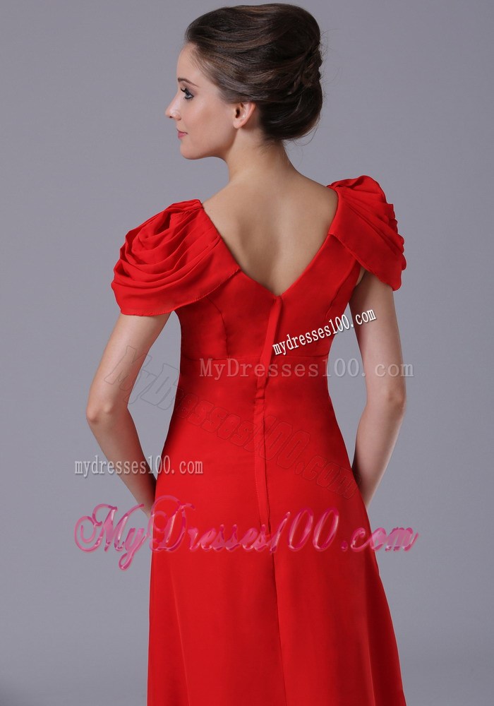 Beading and Ruches Decorate Floor-length Red Chiffon Prom Dress with Cap Sleeves