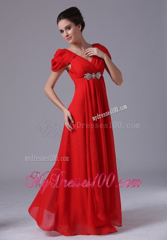 Beading and Ruches Decorate Floor-length Red Chiffon Prom Dress with Cap Sleeves
