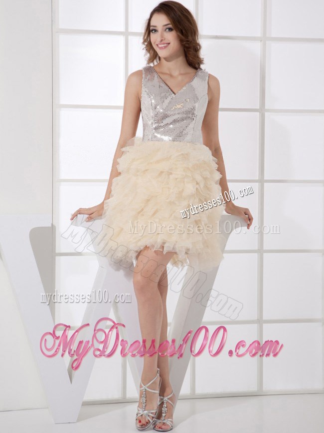 Mini-length V-neck Sheer Back Silver and Champagne Prom Gown with Ruffles