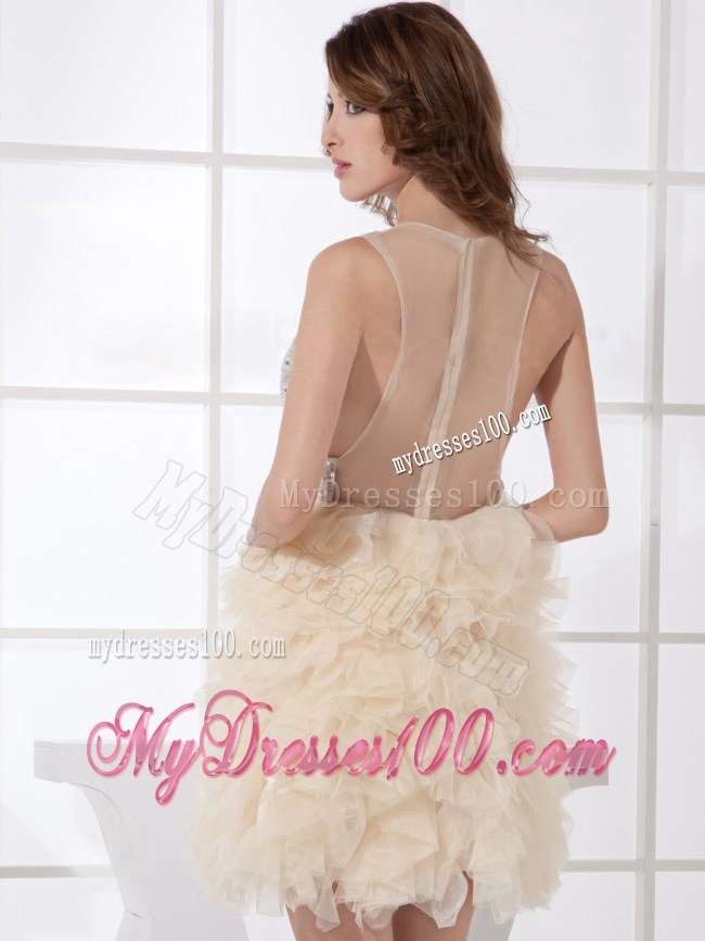 Mini-length V-neck Sheer Back Silver and Champagne Prom Gown with Ruffles