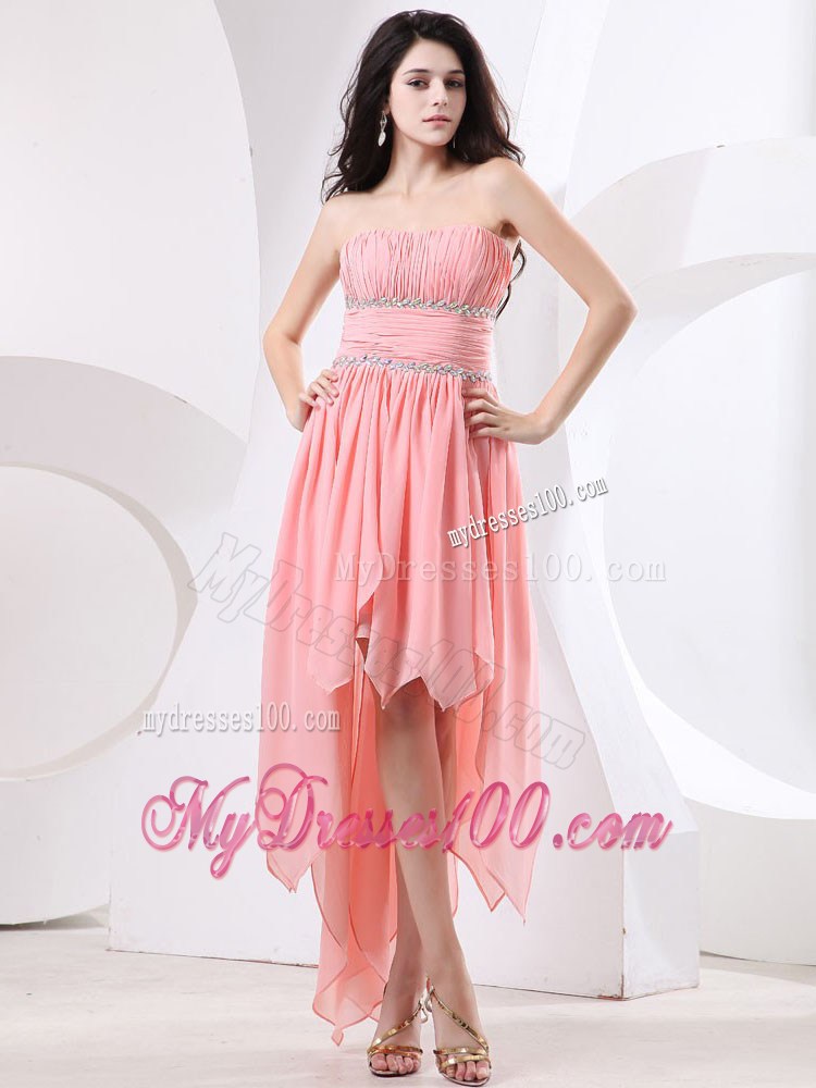 Watermelon High-low Prom Evening Dress with Beading and Ruche