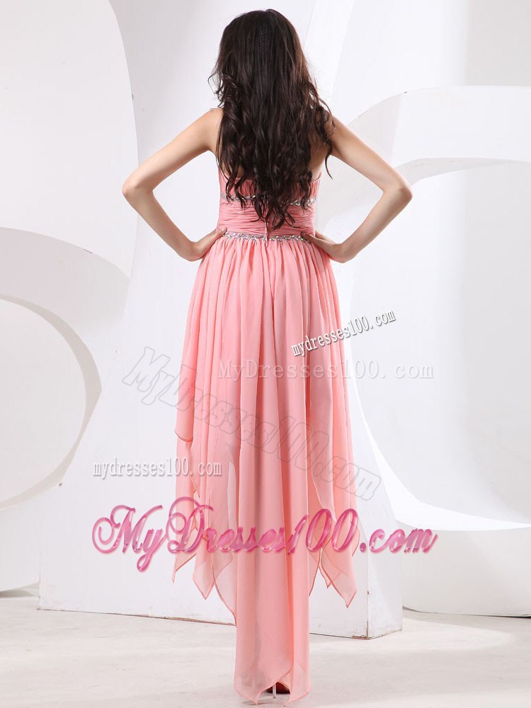 Watermelon High-low Prom Evening Dress with Beading and Ruche
