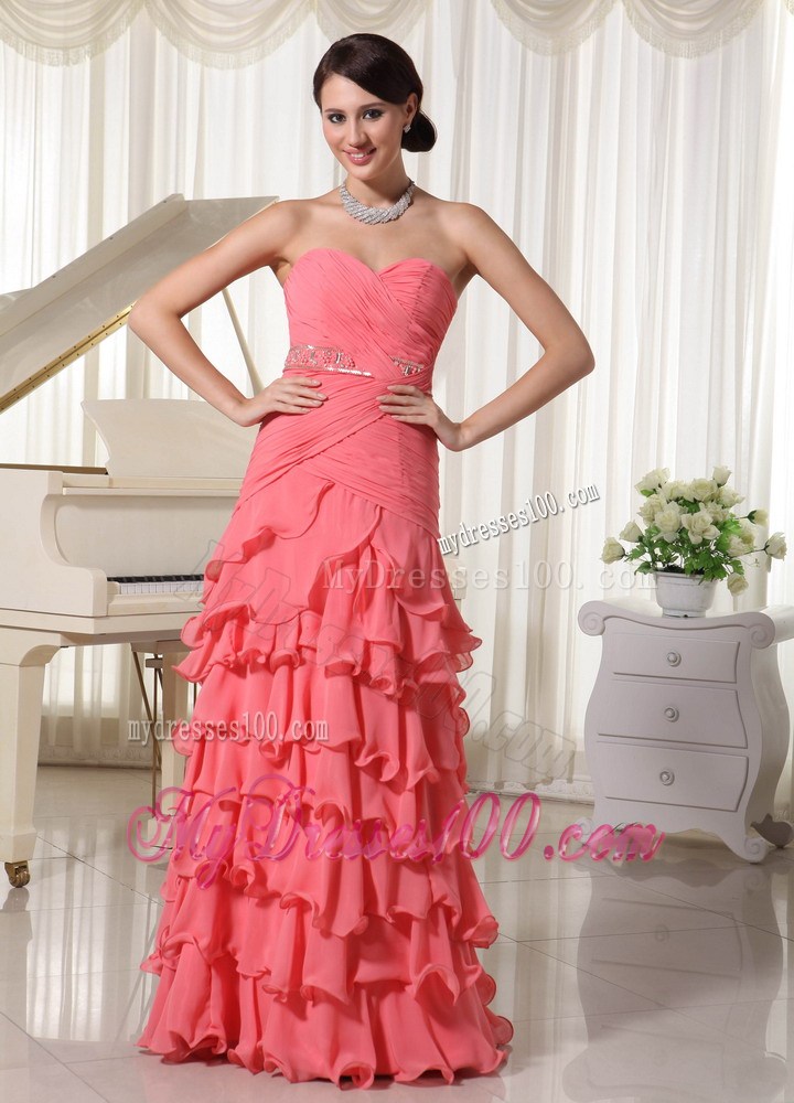 Sweetheart Chiffon Layered Colum Prom Dress in Watermelon Red
