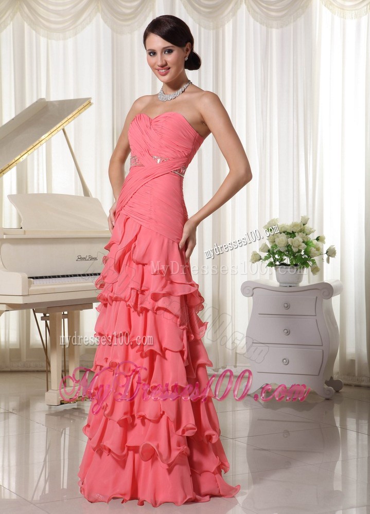 Sweetheart Chiffon Layered Colum Prom Dress in Watermelon Red