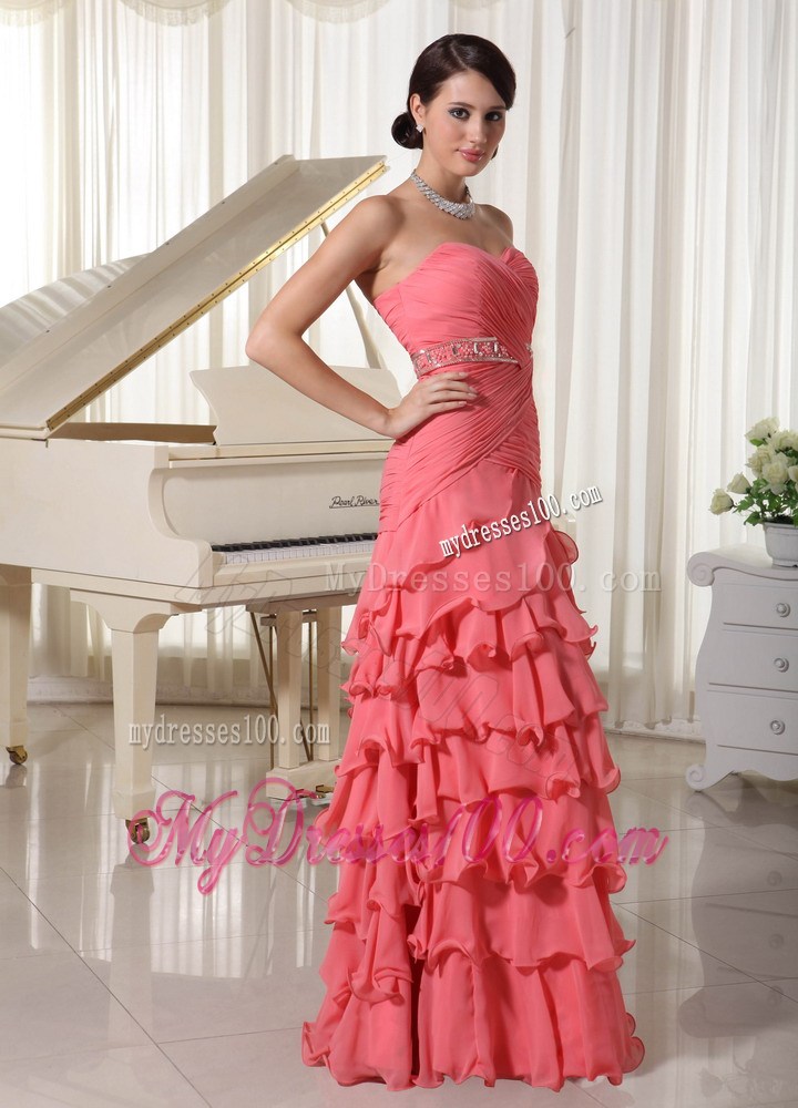 Sweetheart Chiffon Layered Colum Prom Dress in Watermelon Red