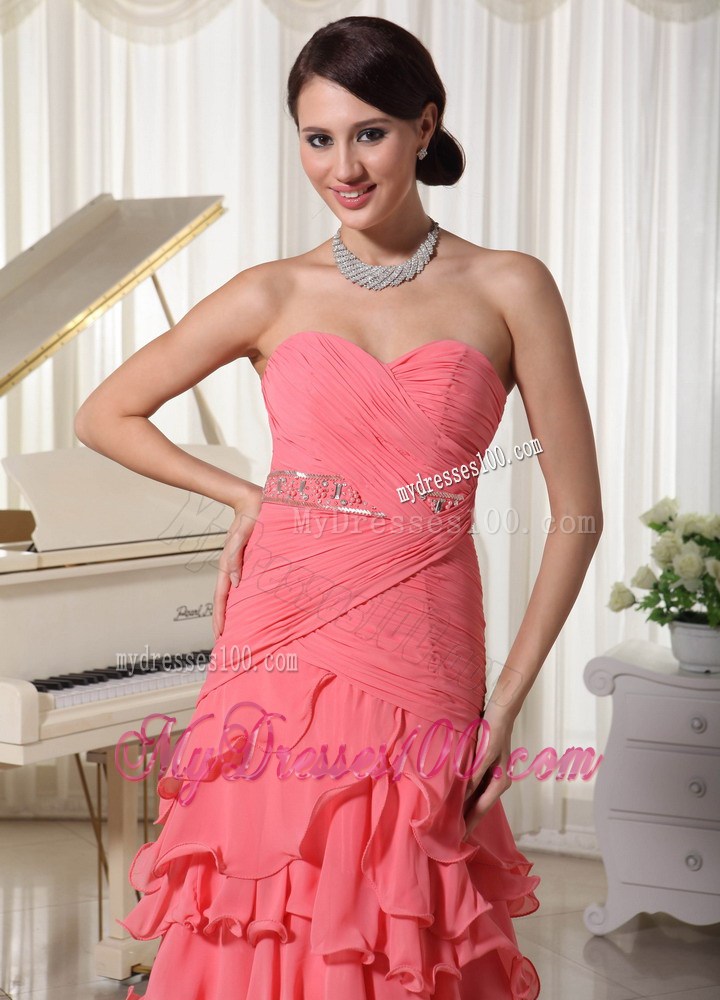 Sweetheart Chiffon Layered Colum Prom Dress in Watermelon Red