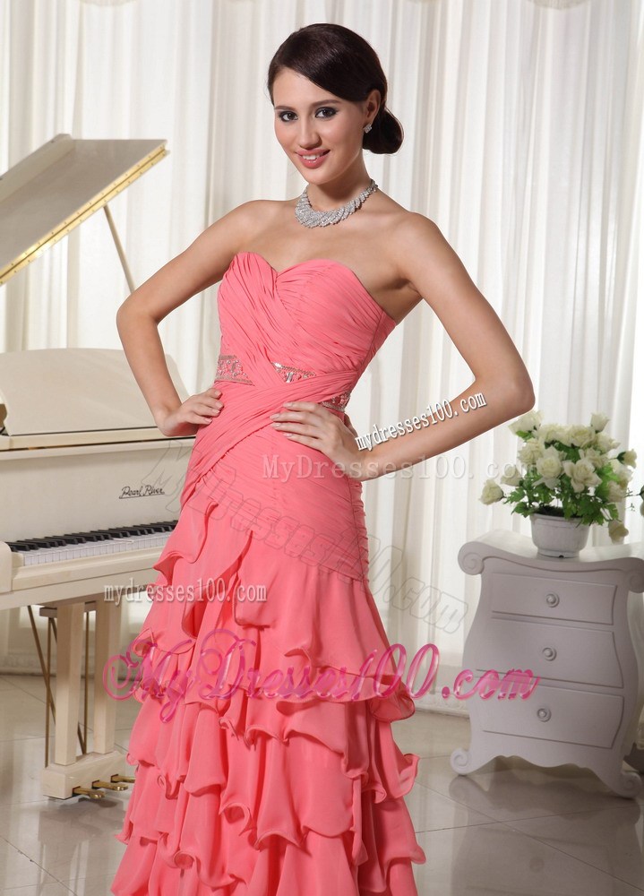 Sweetheart Chiffon Layered Colum Prom Dress in Watermelon Red