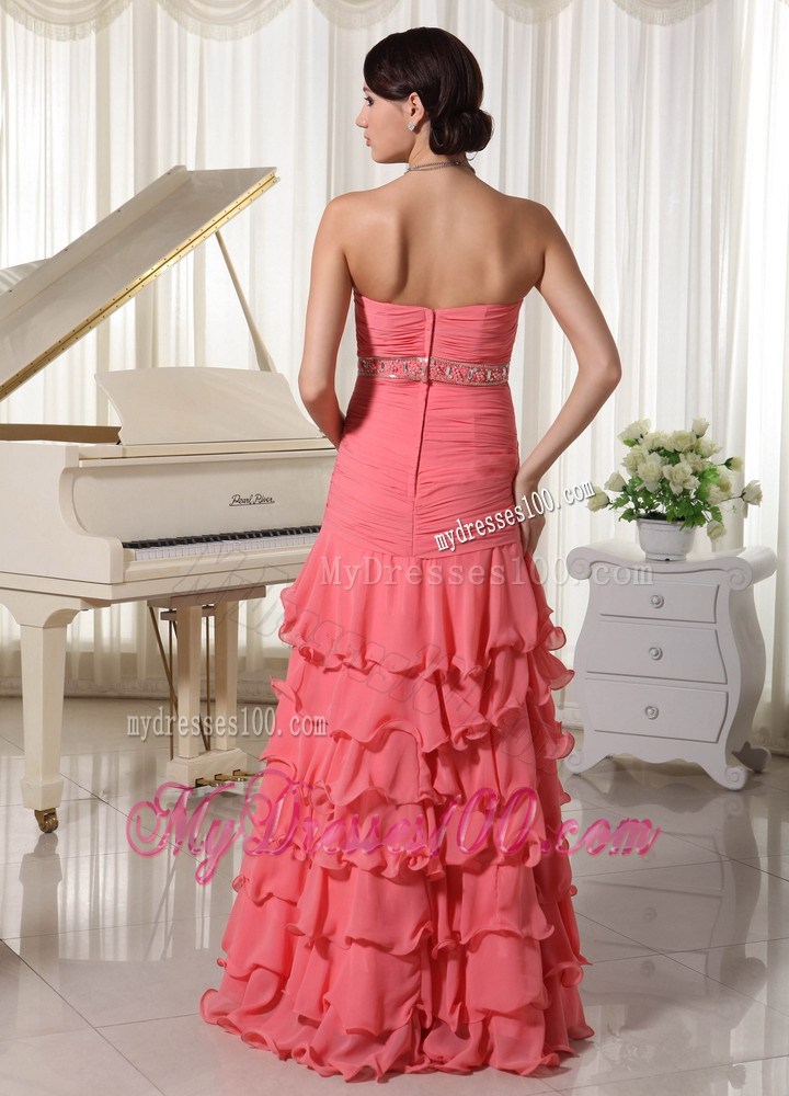 Sweetheart Chiffon Layered Colum Prom Dress in Watermelon Red