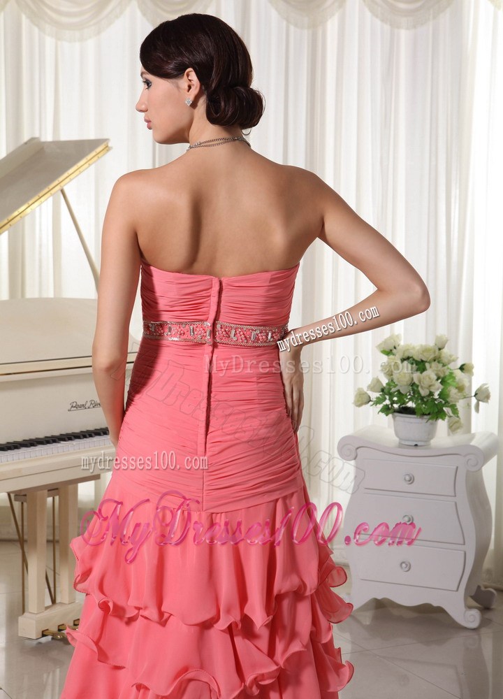 Sweetheart Chiffon Layered Colum Prom Dress in Watermelon Red