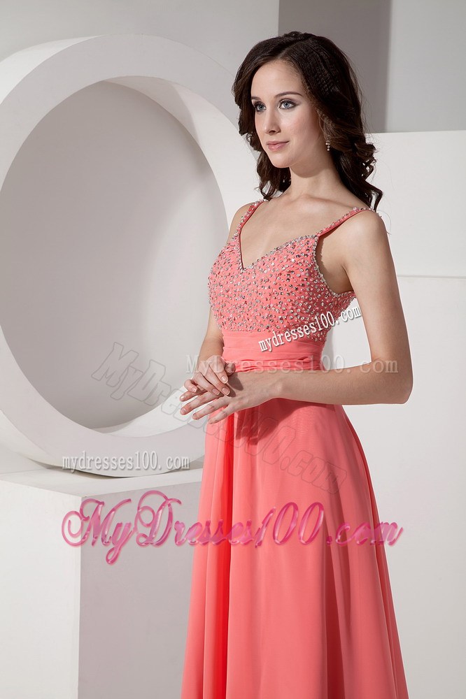 Pretty Watermelon Empire Straps Chiffon Prom Evening Dress with Beading