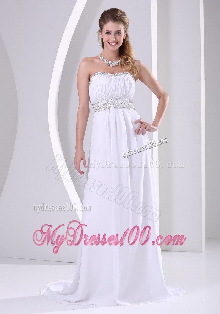 Chiffon Beading Decorate Sweep Train 2013 Prom Evening Dress in White