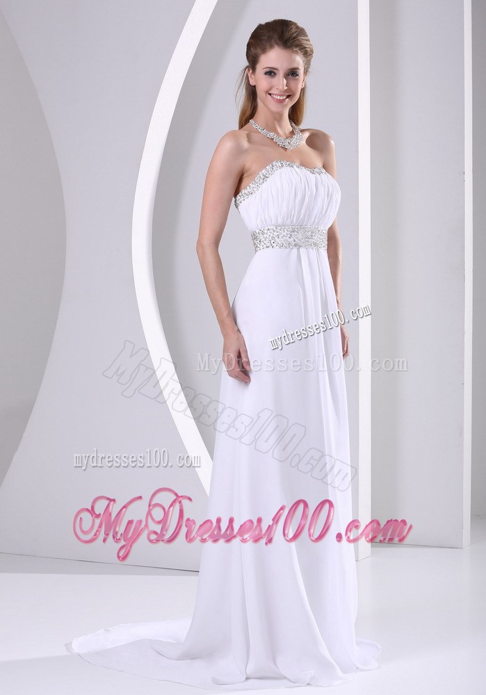 Chiffon Beading Decorate Sweep Train 2013 Prom Evening Dress in White